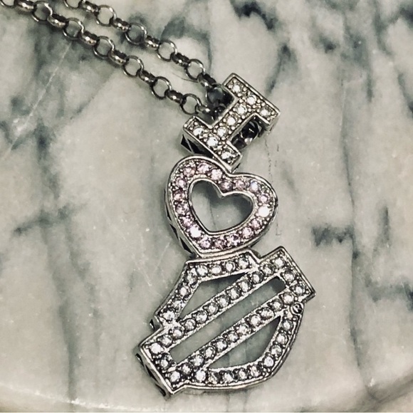 Harley-davidson Sterling White Pink Crystal Heart Bar Shield Pendant 19” / 1.8” - Picture 6 of 11